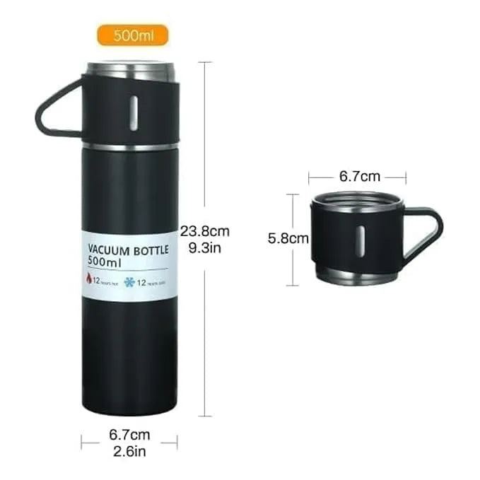 US Dealz Stainless Steel Vacuum Flask Set with 2 Cups Flask Combo Keeps Liquid Tea Coffee Cold Hot Bottle Drink Water Flask Bottle 500ml Vacuum Insulated Bottle (Multicolor)