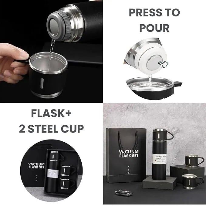 US Dealz Stainless Steel Vacuum Flask Set with 2 Cups Flask Combo Keeps Liquid Tea Coffee Cold Hot Bottle Drink Water Flask Bottle 500ml Vacuum Insulated Bottle (Multicolor)