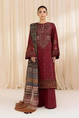 Maroon Embroidered Lawn 3Pcs Set with Printed Dupatta