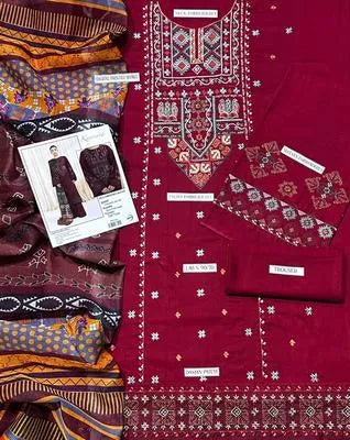 Maroon Embroidered Lawn 3Pcs Set with Printed Dupatta
