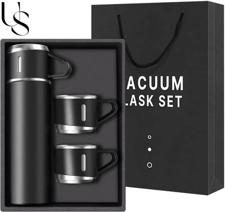US Dealz Stainless Steel Vacuum Flask Set with 2 Cups Flask Combo Keeps Liquid Tea Coffee Cold Hot Bottle Drink Water Flask Bottle 500ml Vacuum Insulated Bottle (Multicolor)