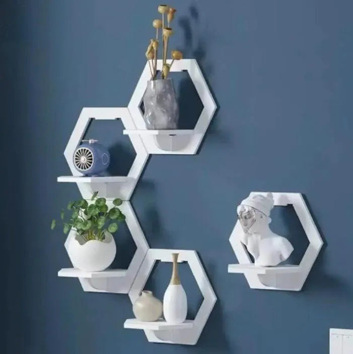 Hexagonal Wall Shelves Set of 4 Black Copper MDF A