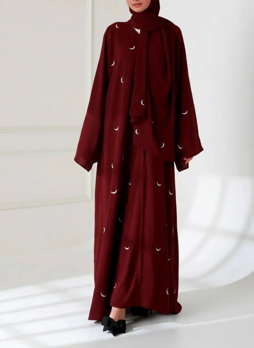 Maroon Georgette Embroidered Abaya with Moon Design