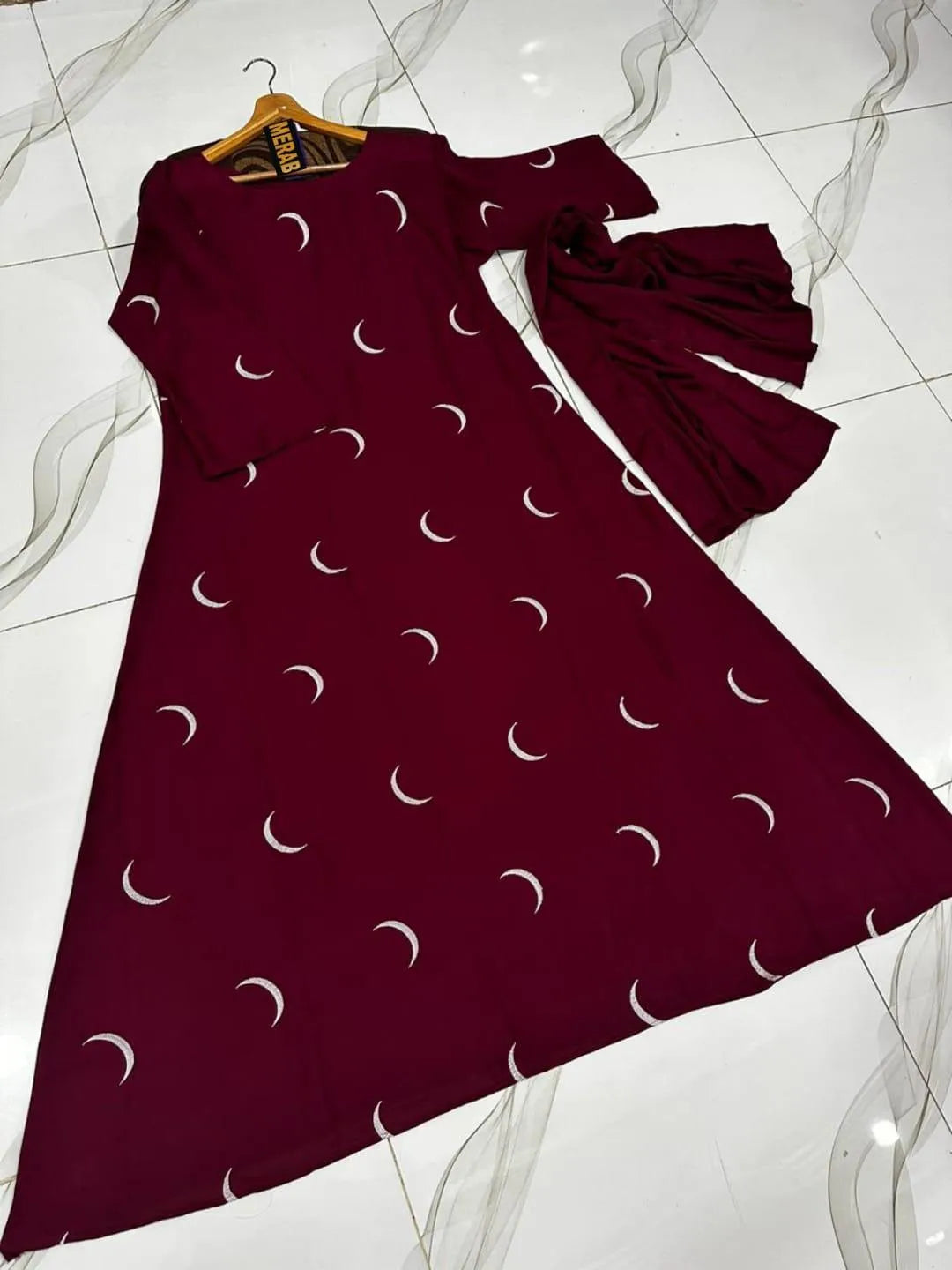 Maroon Georgette Embroidered Abaya with Moon Design