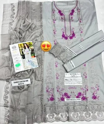 Mushq Embroidered Lawn Suit Grey with Chikenkari Dupatta