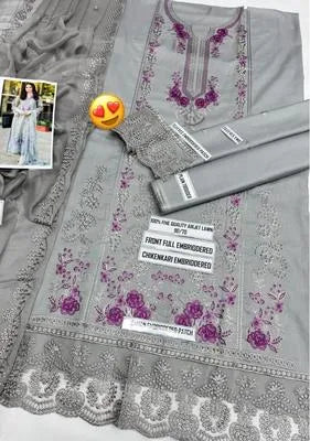 Mushq Embroidered Lawn Suit Grey with Chikenkari Dupatta