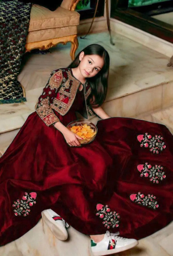 Kids Embroidered Bunch Maxi Set Red