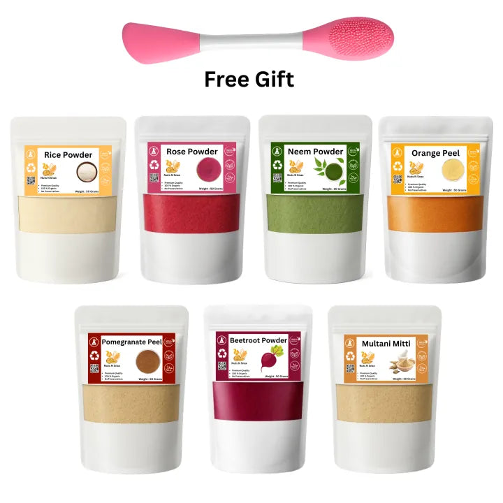 Pack Of 7 Organic Powders | Neem powder | Rose powder | Multani mitti | Rice powder | Beetroot powder | Orange...