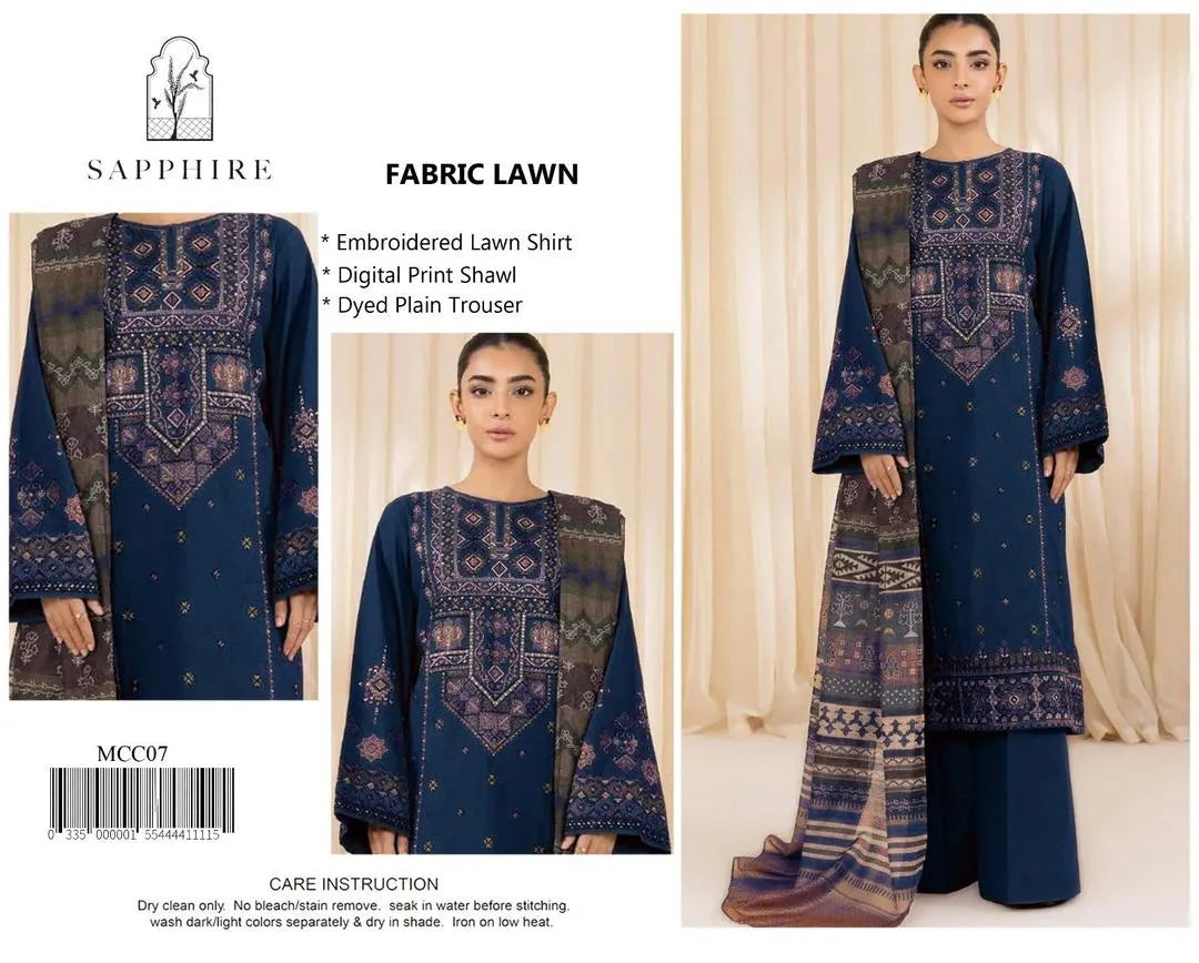 Blue Embroidered Lawn 3Pcs Set for Women