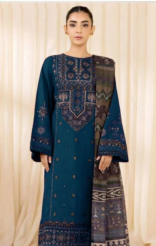 Blue Embroidered Lawn 3Pcs Set for Women