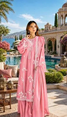 Pink Embroidered Kurta Pajama Set for Women
