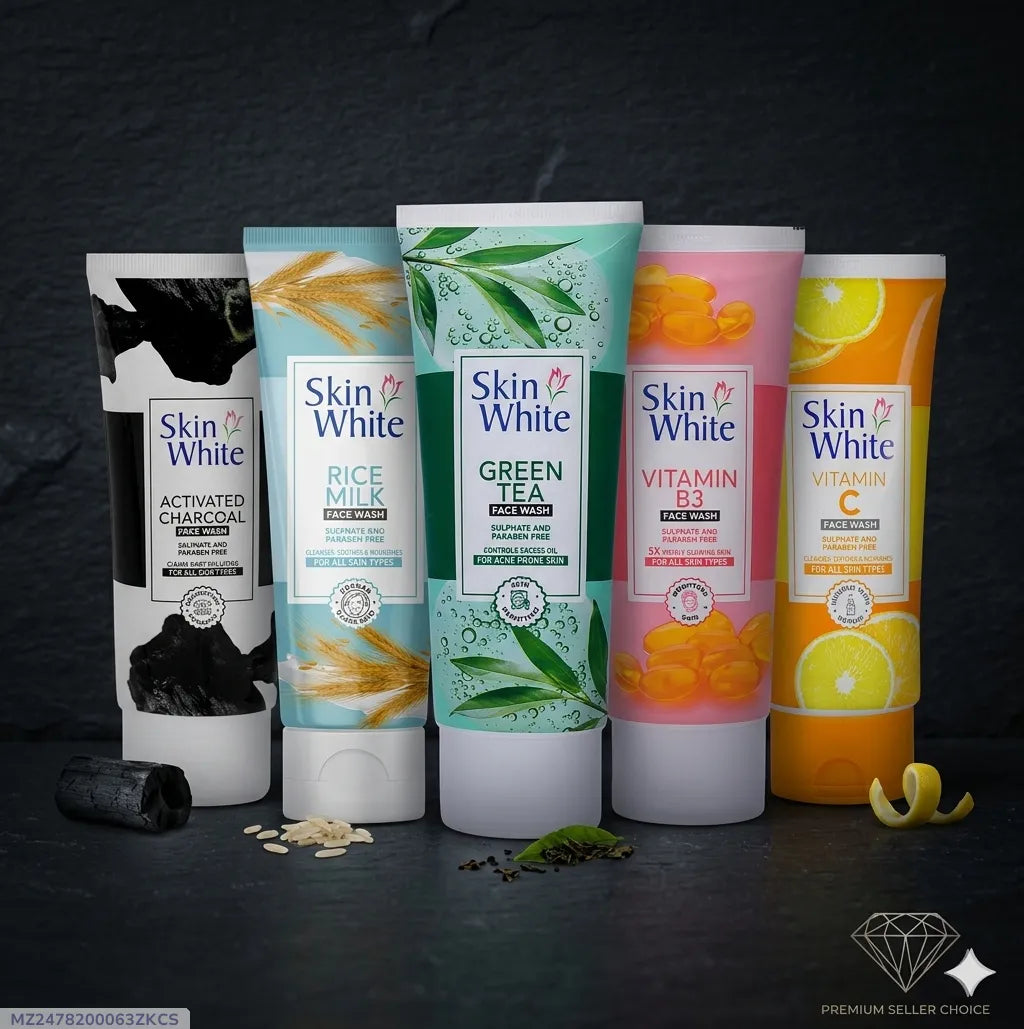 Skin White Face Wash Range - Activated Charcoal, Vitamin C, Rice Milk & Green Tea