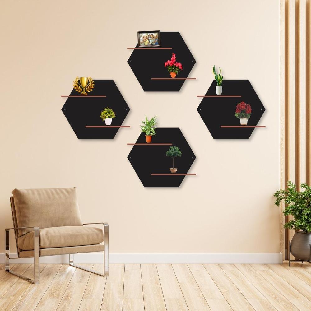 Hexagonal Wall Shelves Set of 4 Black Copper MDF