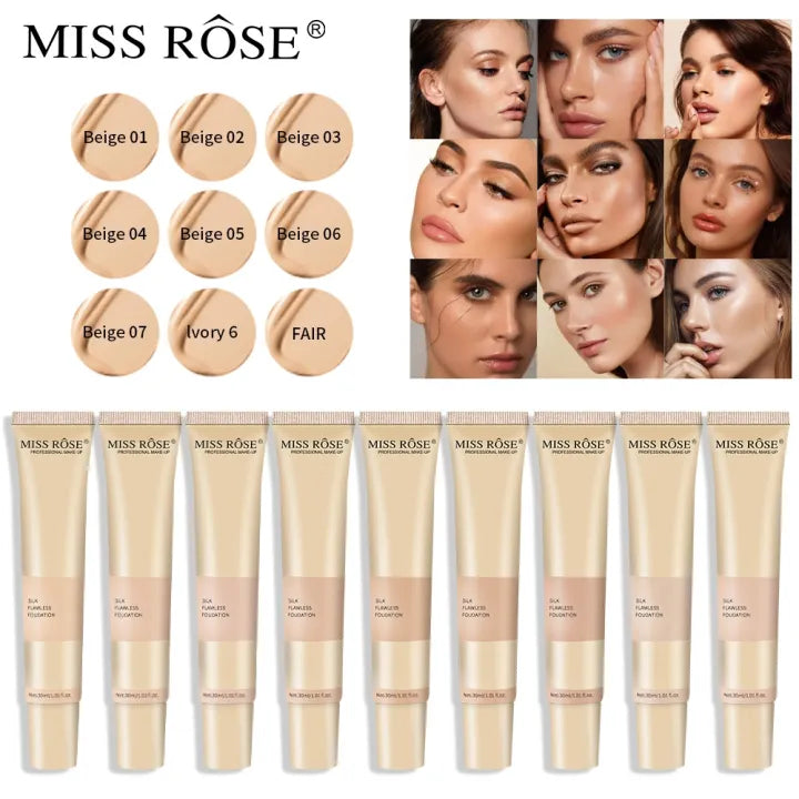 Miss Rose Silk Flawless Foundation 30ml Perfecting Full Coverage Long Lasting for All Skin Types