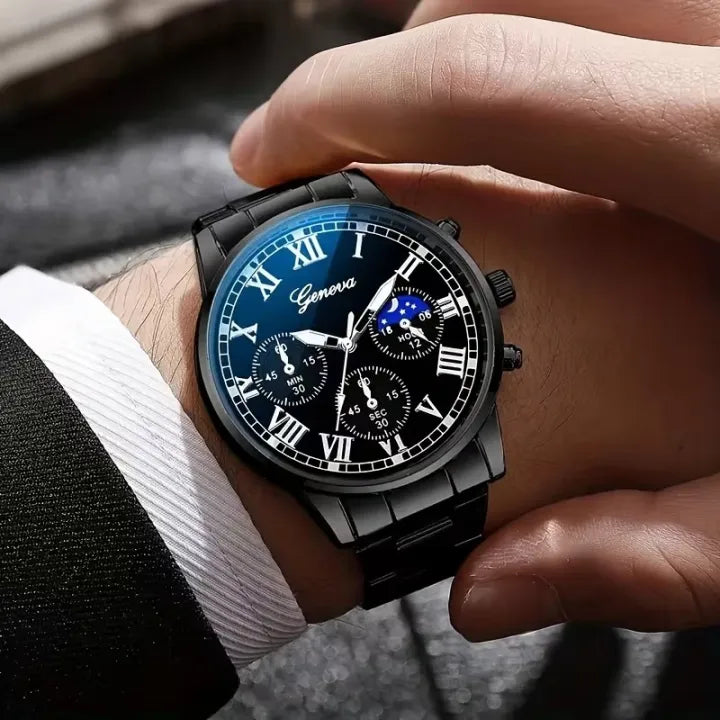 4PCS Men’s Fashion Quartz Watch & Accessories Set | Classic Round Dial Watch with Stainless Steel Strap | Gift Set – Silver & Black