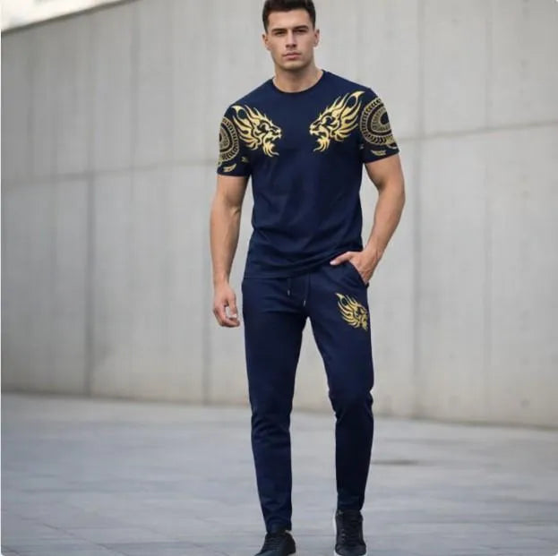 Men Blue Lion Printed Track Suit Slim Fit 2Pcs
