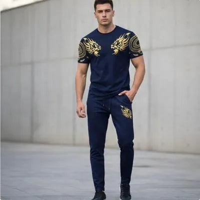 Men Blue Lion Printed Track Suit Slim Fit 2Pcs