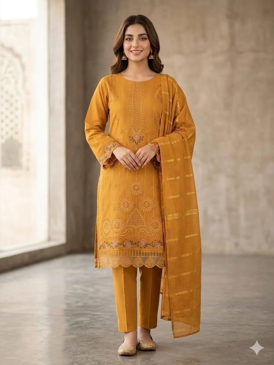 Golden Embroidered 3-Piece Cotton Lawn Suit for Women