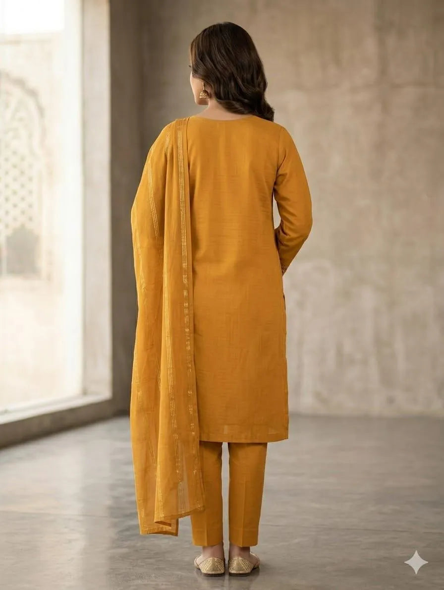 Golden Embroidered 3-Piece Cotton Lawn Suit for Women