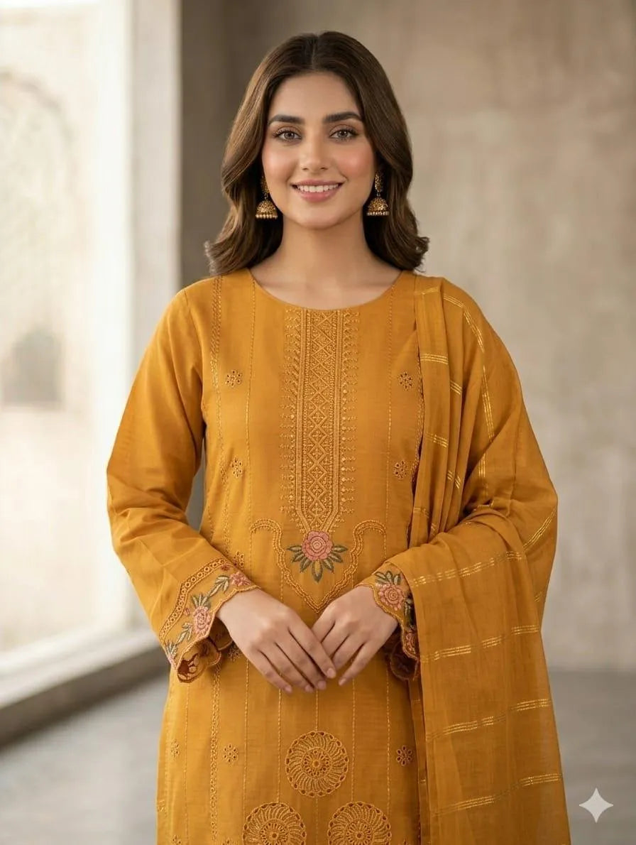 Golden Embroidered 3-Piece Cotton Lawn Suit for Women