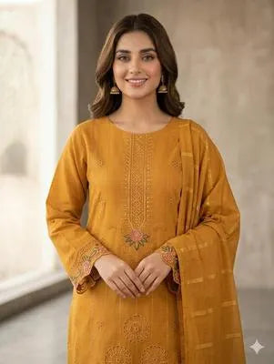 Golden Embroidered 3-Piece Cotton Lawn Suit for Women