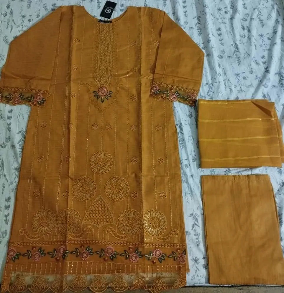 Golden Embroidered 3-Piece Cotton Lawn Suit for Women