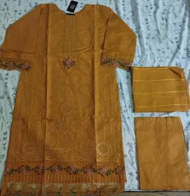 Golden Embroidered 3-Piece Cotton Lawn Suit for Women