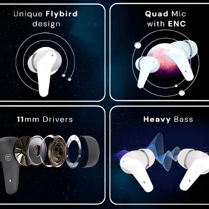 Zero® Gravity Wireless Earbuds | Bluetooth 5.3v Gaming Earbuds | 11mm Base Driver Earbuds | Quad Mic ENC Earbuds for Calling | Noise Cancelling Earbuds | Bluetooth Earbuds for iOS and Android | Best Earbuds for Men and Women