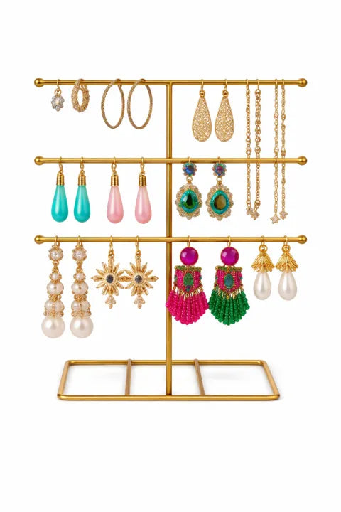 Jewelry Organizer Stand – Earrings, Necklace & Ring Holder Display Rack (Gold Metal)