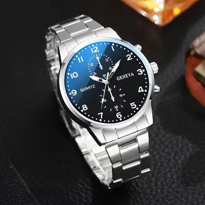 4PCS Men’s Fashion Quartz Watch & Accessories Set | Classic Round Dial Watch with Stainless Steel Strap | Gift Set – Silver & Black