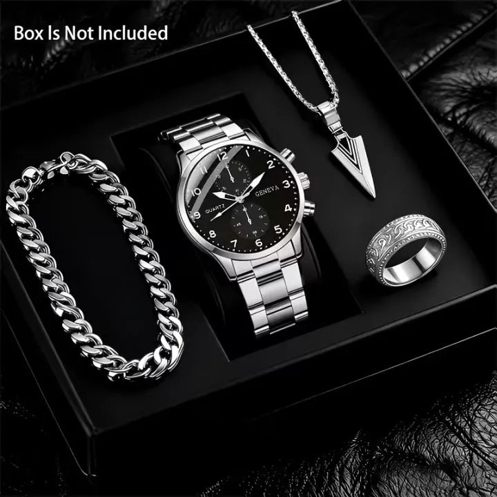 4PCS Men’s Fashion Quartz Watch & Accessories Set | Classic Round Dial Watch with Stainless Steel Strap | Gift Set – Silver & Black