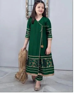 Green 3-Piece Girl's Kurta Shalwar Suit with Golden Embroidery
