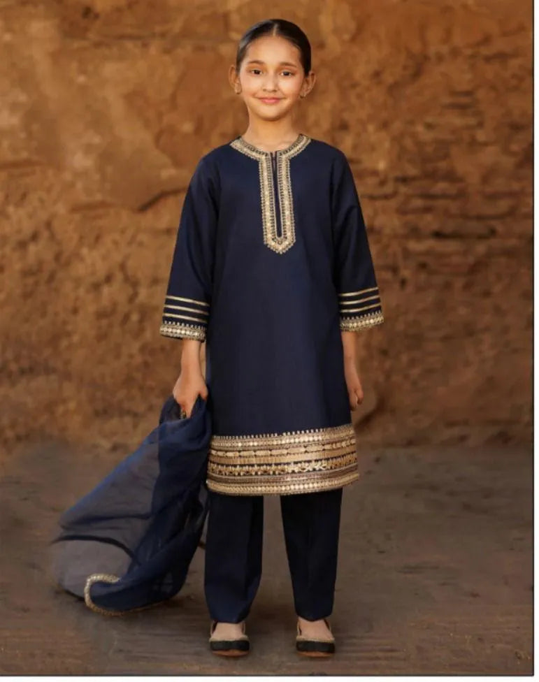 Girls Kurta Shalwar Set Blue Gold Embroidered Cotton 8-10Yrs