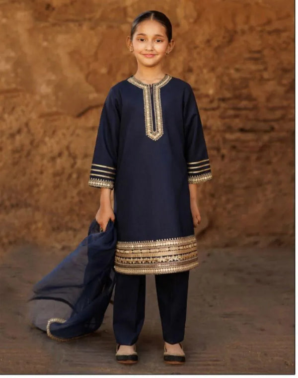 Girls Kurta Shalwar Set Blue Gold Embroidered Cotton 8-10Yrs