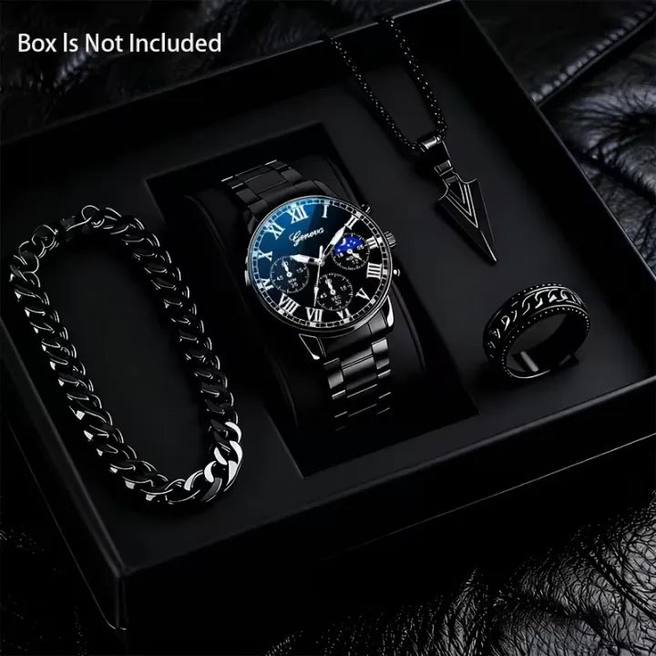 4PCS Men’s Fashion Quartz Watch & Accessories Set | Classic Round Dial Watch with Stainless Steel Strap | Gift Set – Silver & Black