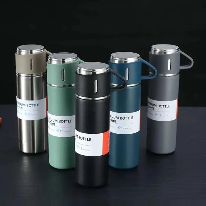 US Dealz Stainless Steel Vacuum Flask Set with 2 Cups Flask Combo Keeps Liquid Tea Coffee Cold Hot Bottle Drink Water Flask Bottle 500ml Vacuum Insulated Bottle (Multicolor)