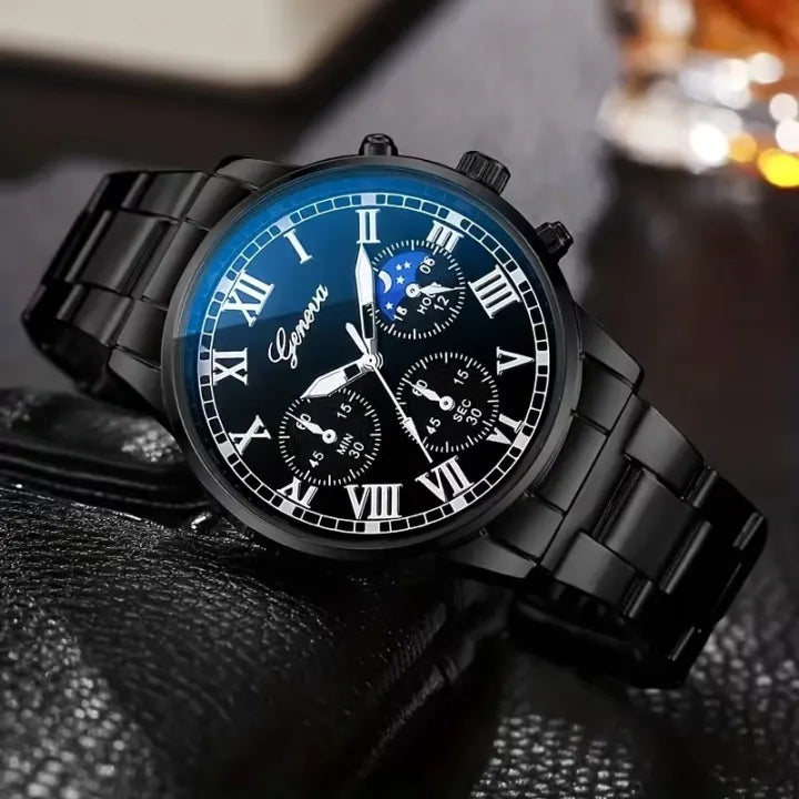 4PCS Men’s Fashion Quartz Watch & Accessories Set | Classic Round Dial Watch with Stainless Steel Strap | Gift Set – Silver & Black