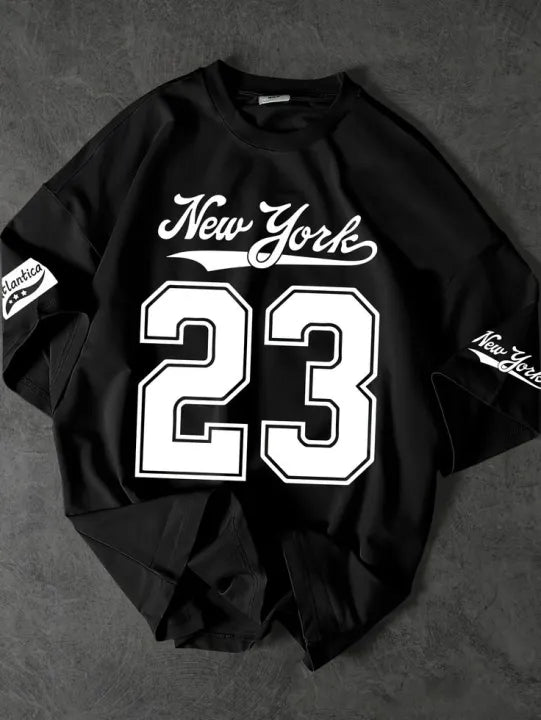 Premium Oversized T-Shirt for Men - Black New York 23 Varsity Print - Hip Hop Streetwear Cotton Tee