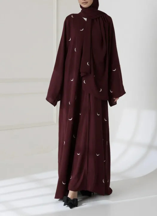 Maroon Georgette Embroidered Abaya with Moon Design