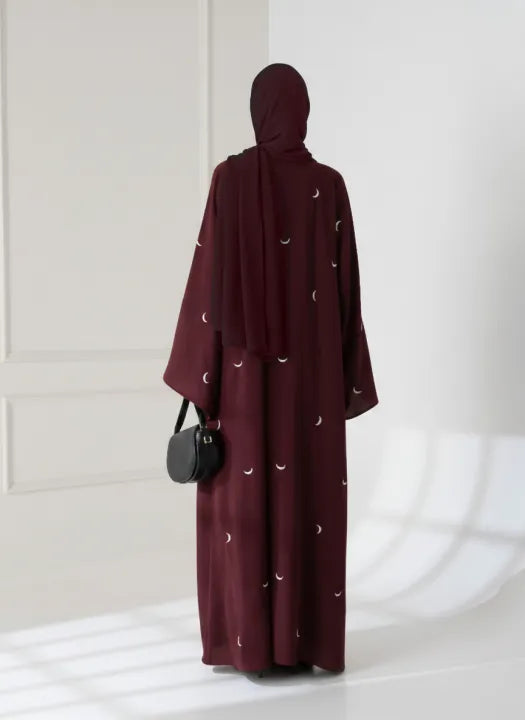 Maroon Georgette Embroidered Abaya with Moon Design