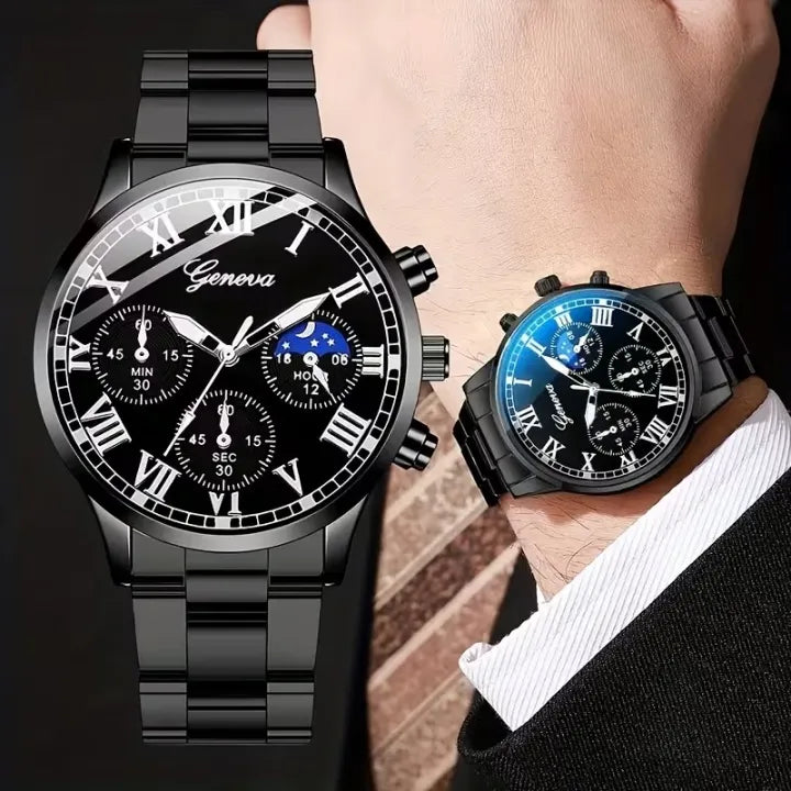 4PCS Men’s Fashion Quartz Watch & Accessories Set | Classic Round Dial Watch with Stainless Steel Strap | Gift Set – Silver & Black