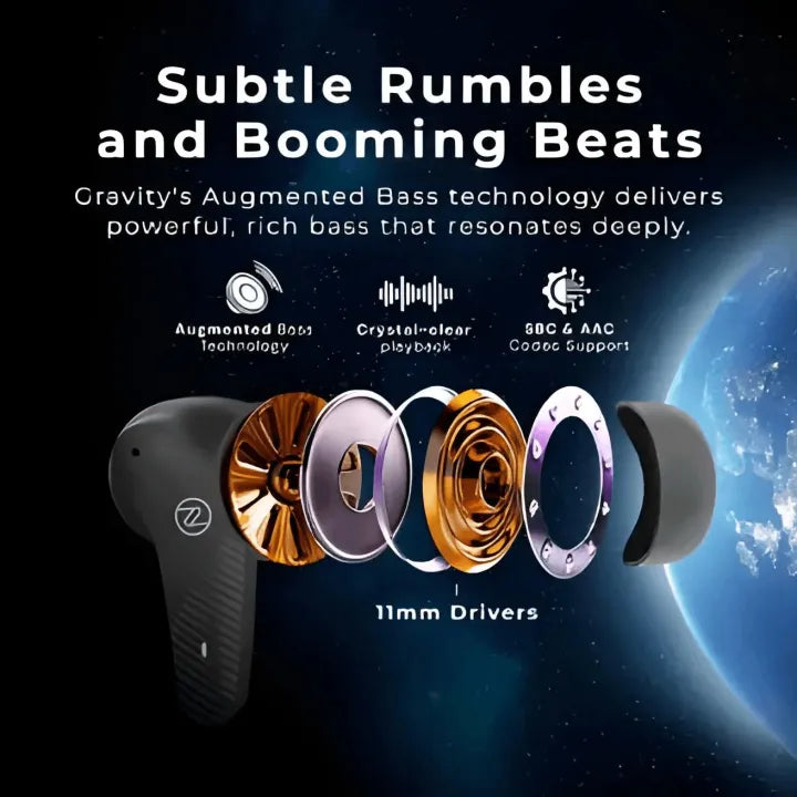 Zero® Gravity Wireless Earbuds | Bluetooth 5.3v Gaming Earbuds | 11mm Base Driver Earbuds | Quad Mic ENC Earbuds for Calling | Noise Cancelling Earbuds | Bluetooth Earbuds for iOS and Android | Best Earbuds for Men and Women