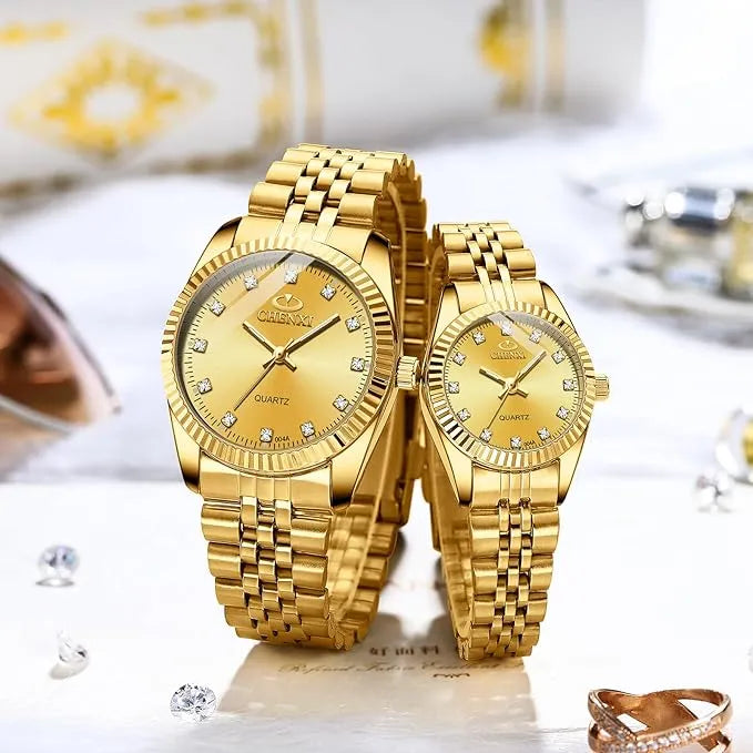 Couple Watches Brand Golden Watch Men Women Stainless Steel Waterproof Watch…