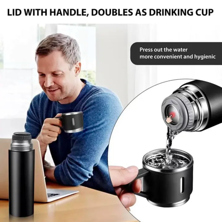 US Dealz Stainless Steel Vacuum Flask Set with 2 Cups Flask Combo Keeps Liquid Tea Coffee Cold Hot Bottle Drink Water Flask Bottle 500ml Vacuum Insulated Bottle (Multicolor)