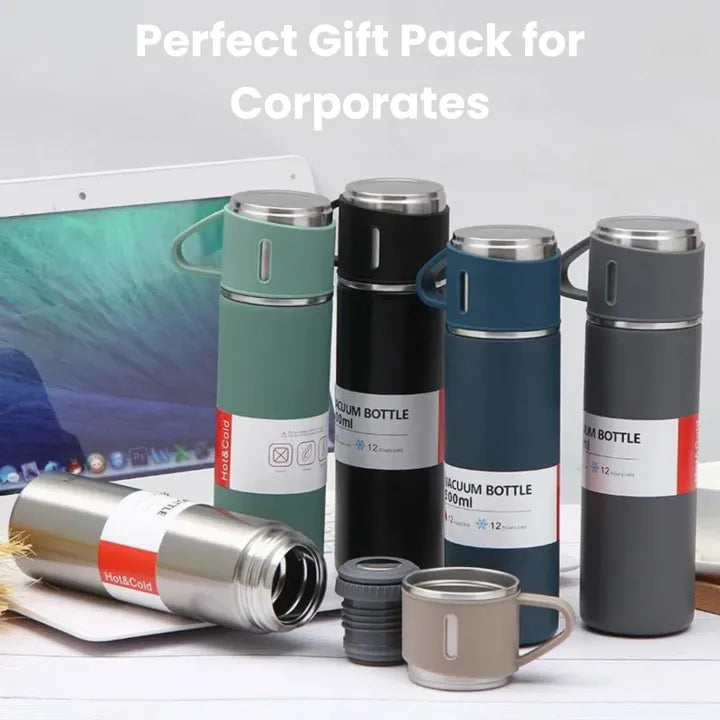US Dealz Stainless Steel Vacuum Flask Set with 2 Cups Flask Combo Keeps Liquid Tea Coffee Cold Hot Bottle Drink Water Flask Bottle 500ml Vacuum Insulated Bottle (Multicolor)
