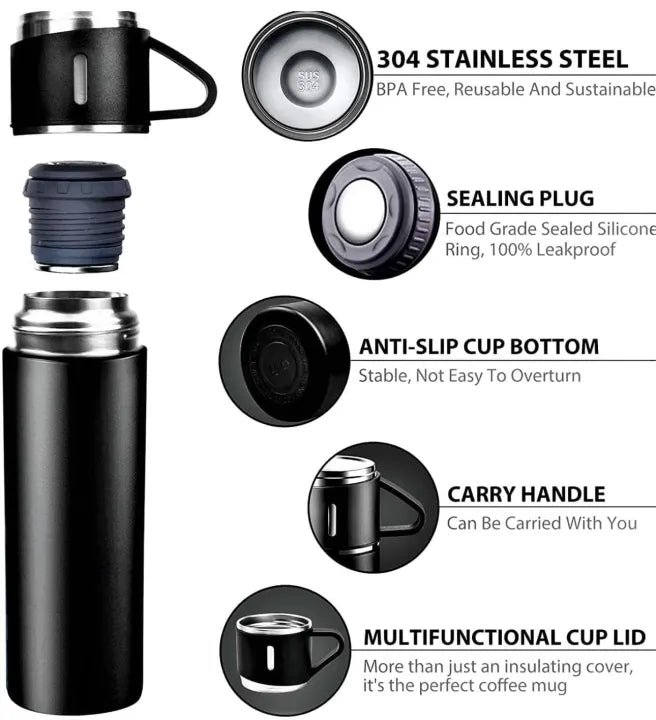 US Dealz Stainless Steel Vacuum Flask Set with 2 Cups Flask Combo Keeps Liquid Tea Coffee Cold Hot Bottle Drink Water Flask Bottle 500ml Vacuum Insulated Bottle (Multicolor)