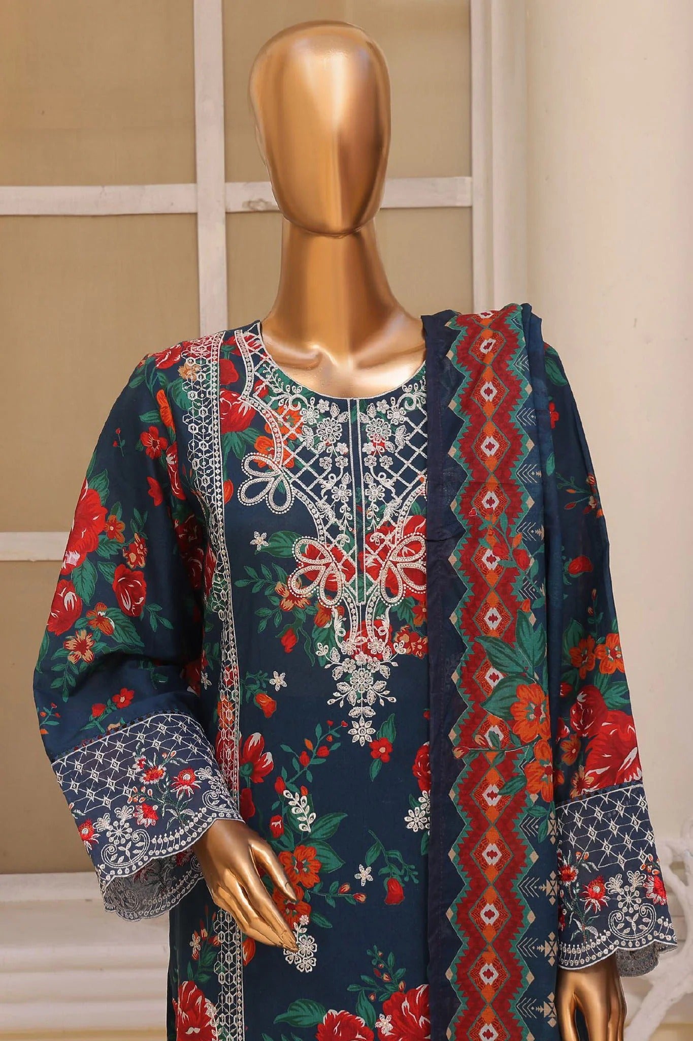 3 Piece Dori Swiss Lawn Suit Blue Floral Embroidered