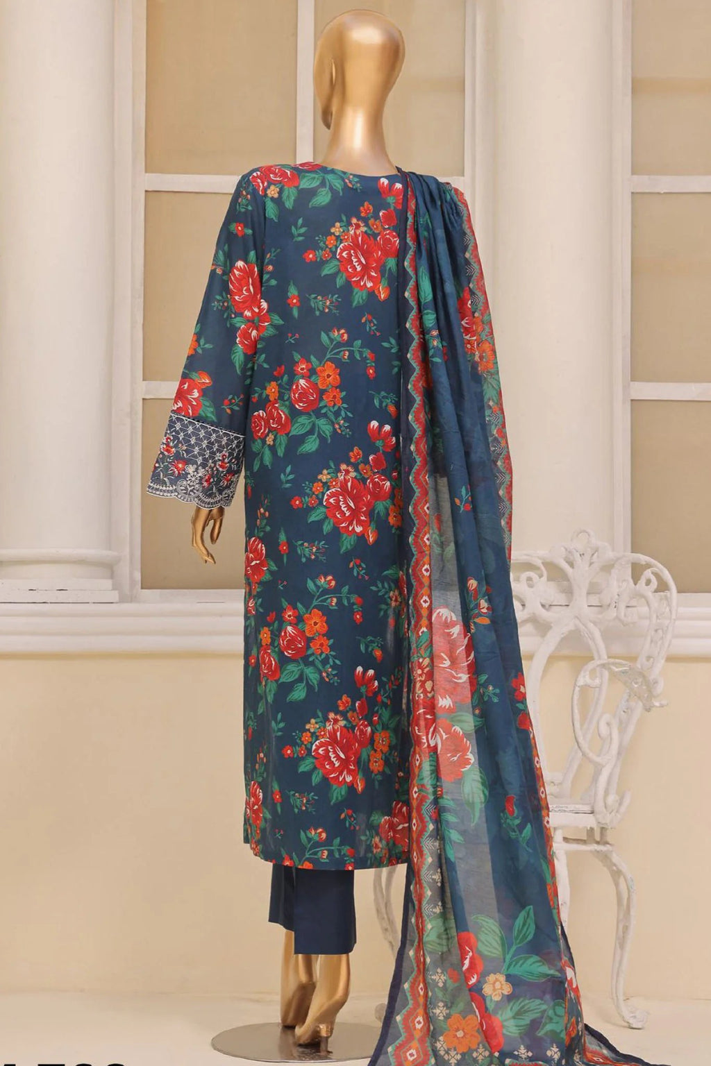 3 Piece Dori Swiss Lawn Suit Blue Floral Embroidered