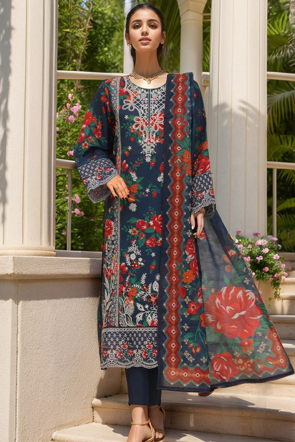 3 Piece Dori Swiss Lawn Suit Blue Floral Embroidered