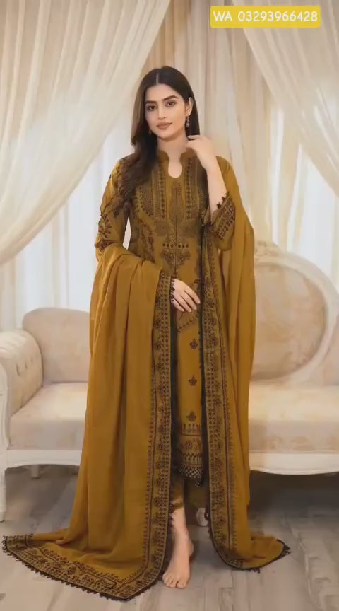 Mustard Embroidered 3-Piece Lawn Suit for Women